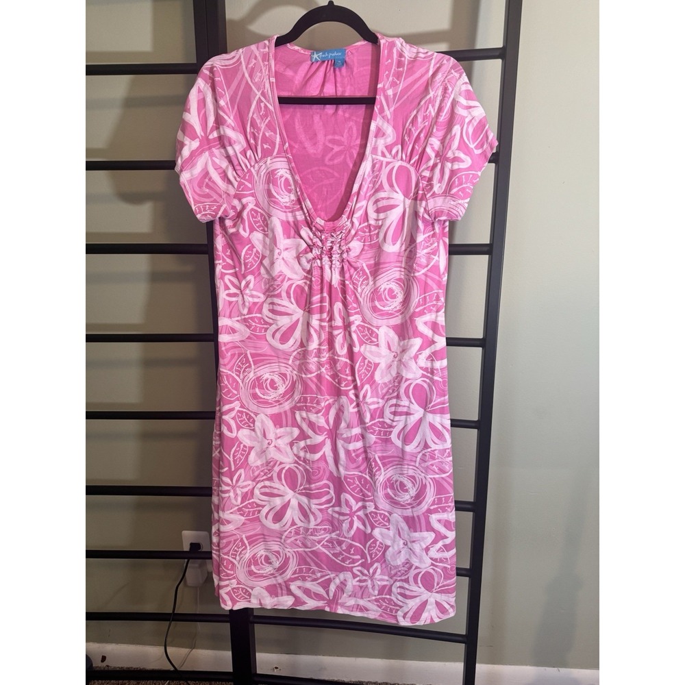 Fresh Produce Pink Floral Dress Midi Short Sleeve Scoop Neck Made USA Size XL